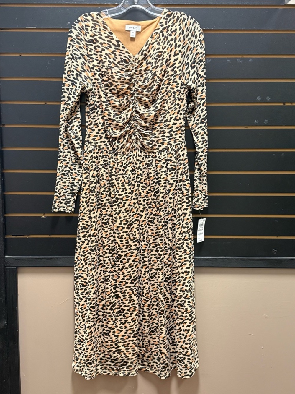 On 34th Leopard Print Mesh Midi Dress Ruched Front Medium NWT